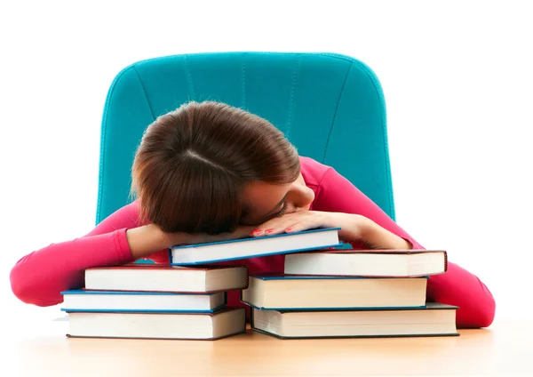 Jonge vrouwelijke student met veel studie boeken — Stockfoto