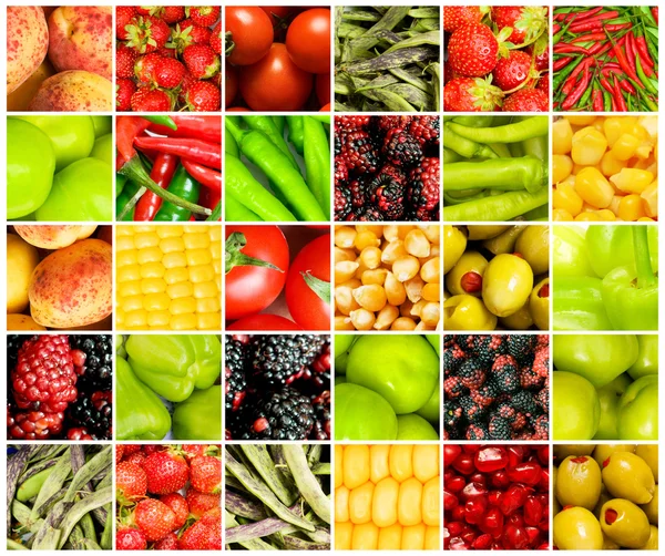 Collage av många olika frukter och grönsaker — Stockfoto