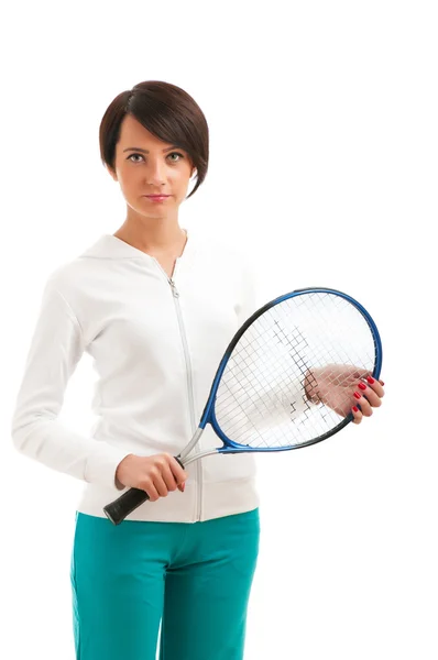 Chica joven con raqueta de tenis y bal aislado en blanco — Foto de Stock