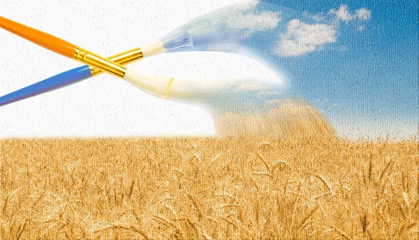 Пшеничне поле, намальоване пензлем на полотні — стокове фото