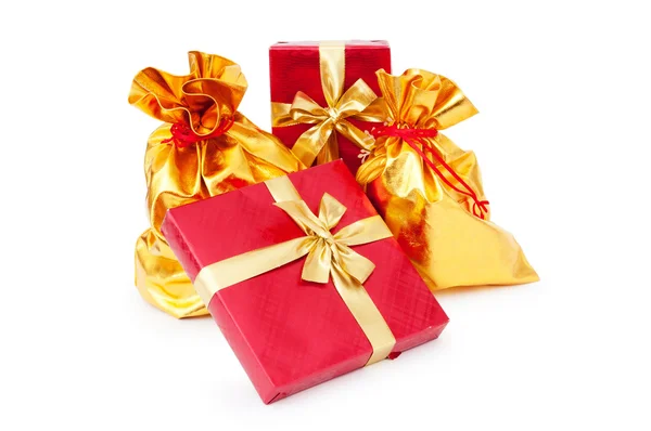 Ajándék dobozok és zsákok arany — Stock Fotó
