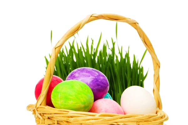 Ägg i korgen och gräs isolerad på vitt — Stockfoto