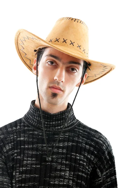Young man wearing cowboy hat on white — Stock Photo, Image
