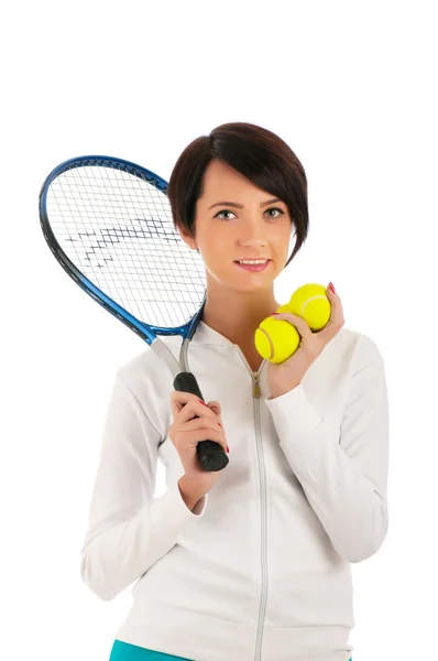 Chica joven con raqueta de tenis y bal aislado en blanco —  Fotos de Stock