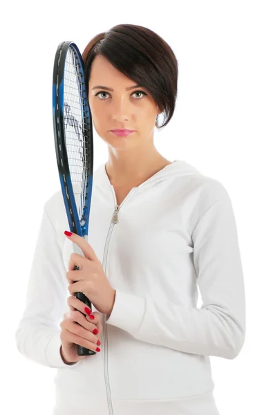 Menina com raquete de tênis e bal isolado em branco — Fotografia de Stock