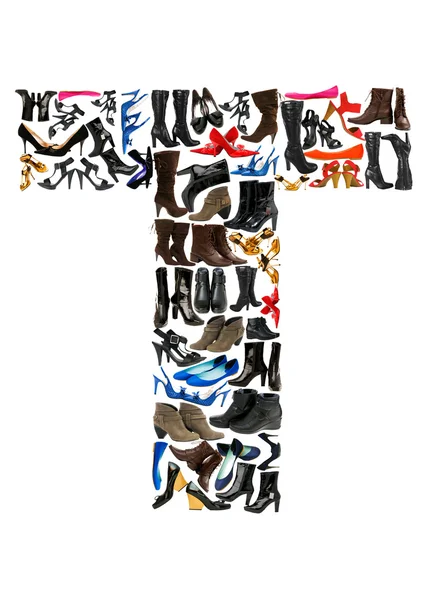 字体由数以百计的鞋-字母 t — 图库照片