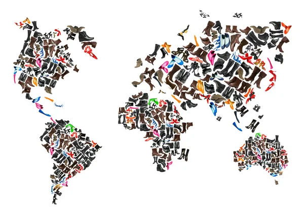 World map made of hundreds of othe shoes — Stock Photo, Image
