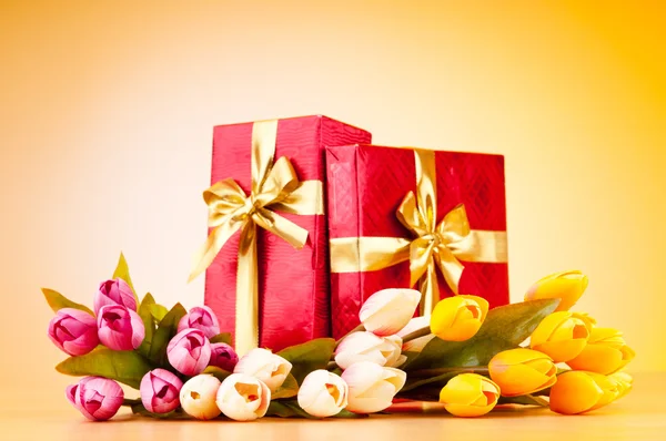 stock image Celebration concept - gift box and tulip flowers