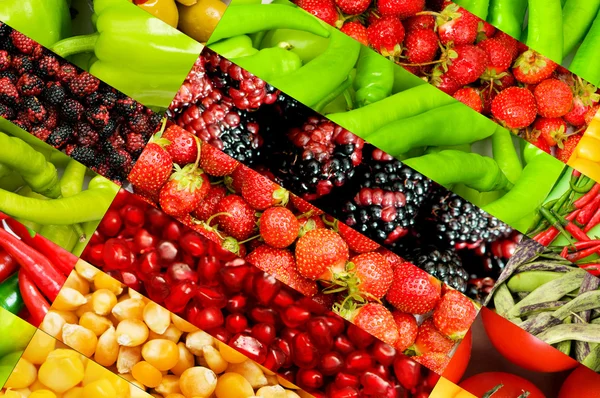 Kollázs több különböző gyümölcs és zöldség — Stock Fotó