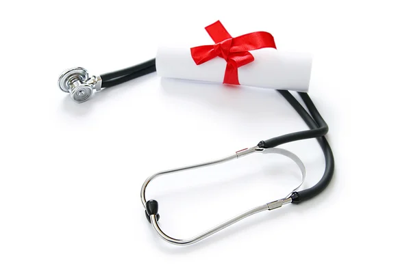 Education concept with diploma and stethoscope on white — Stock Photo, Image