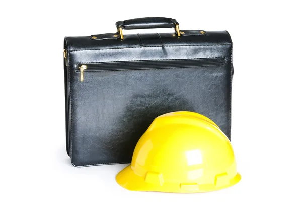 Construction concept - case and hard hat isolated on white — Stock Photo, Image