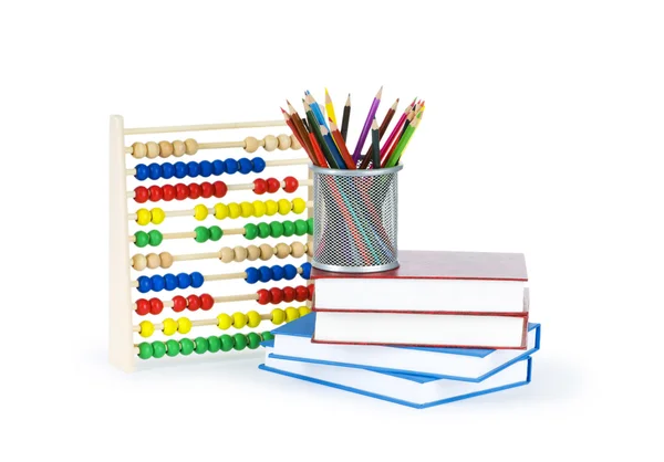 पेंसिल, किताबों और अबाकस के साथ शिक्षा अवधारणा — स्टॉक फ़ोटो, इमेज