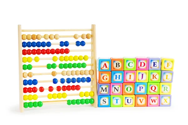 Alfabet block och abacus isolerad på vit — Stockfoto