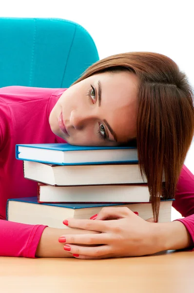 多くの勉強の本を持つ若い女性学生 — ストック写真