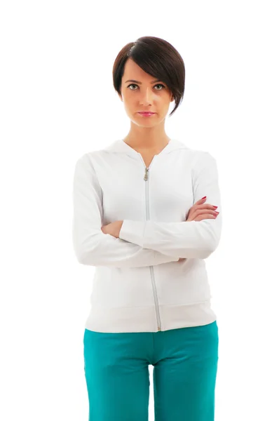 Jovem do sexo feminino em vestuário desportivo isolado em branco — Fotografia de Stock