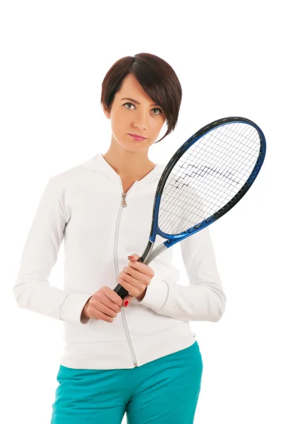 Tenis raketi ve balla beyaz tenli genç kız. — Stok fotoğraf