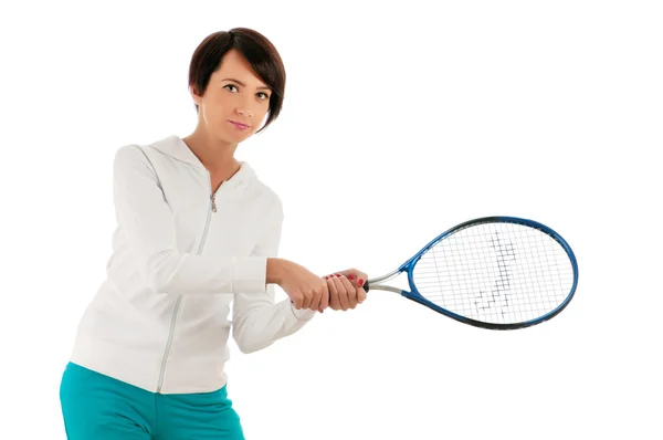 Giovane ragazza con racchetta da tennis e bal isolato su bianco — Foto Stock
