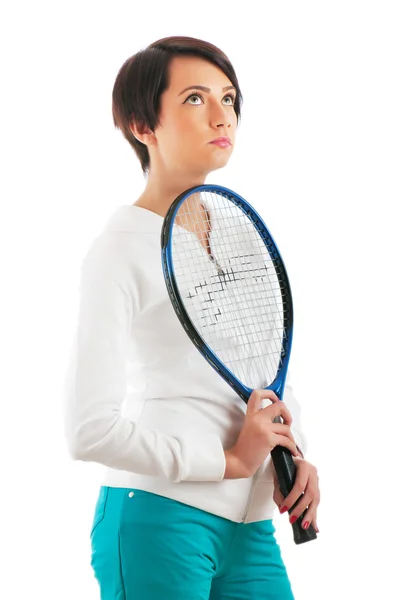 Giovane ragazza con racchetta da tennis e bal isolato su bianco — Foto Stock