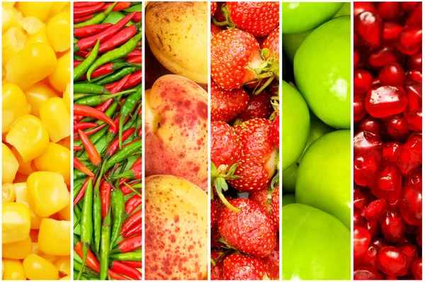 很多不同的水果和蔬菜的抽象拼贴画 — 图库照片