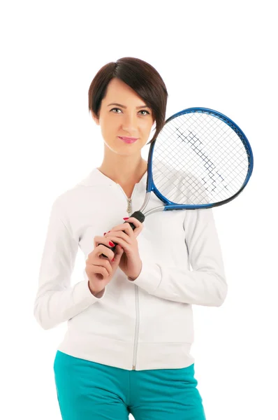 Gadis muda dengan raket tenis dan bal terisolasi di atas putih — Stok Foto