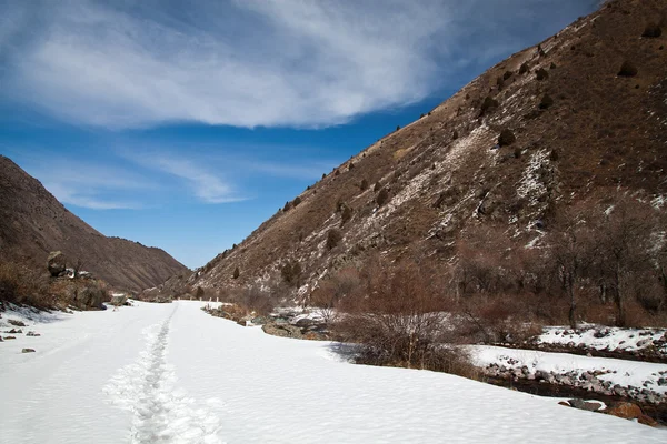 이른 봄에서 산의 체적 풍경입니다. 눈 덮인 오솔길 — 스톡 사진