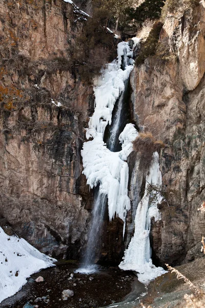 Cae en la nieve en primavera. Cañón del Kegety en Asia, Kirguistán —  Fotos de Stock