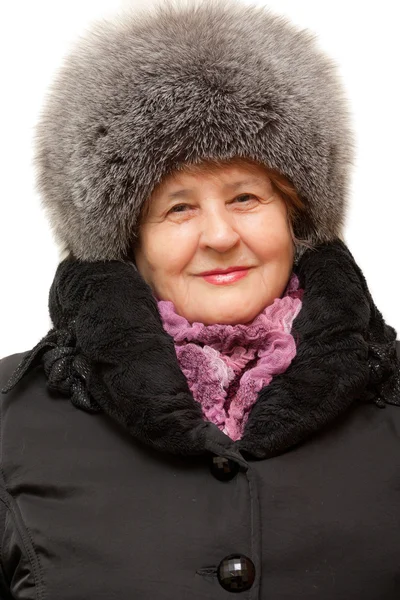 美丽的祖母穿在毛皮帽子和毛皮大衣 — 图库照片