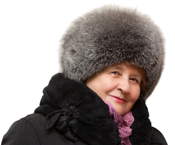 美丽的祖母穿在毛皮帽子和毛皮大衣 — 图库照片