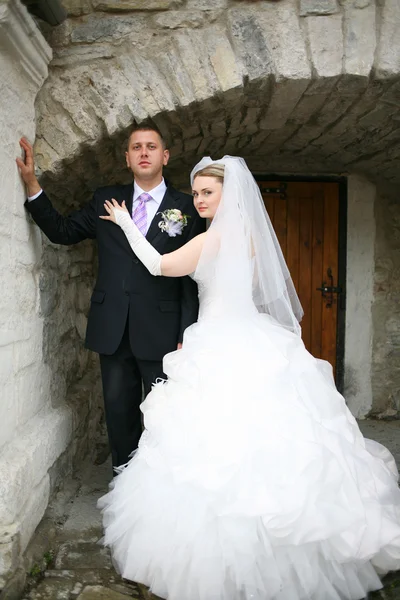 新婚夫妇背景下的美丽的古堡 一天的美丽的春天 — 图库照片