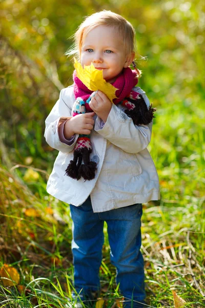 Menina da criança com licença amarela — Fotografia de Stock