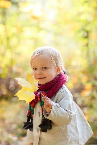 Κορίτσι μικρό παιδί εκμετάλλευση κίτρινο φύλλο — Φωτογραφία Αρχείου