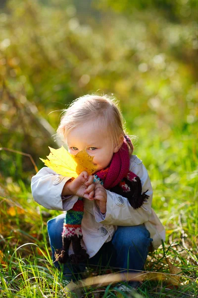 Toddler dziewczynka z żółty liść — Zdjęcie stockowe