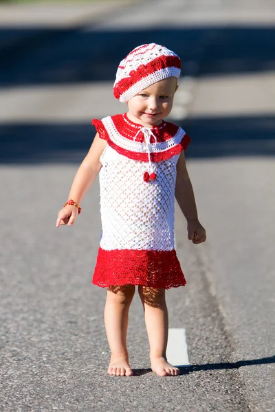 Playful toddler girl on road — Stock Photo, Image