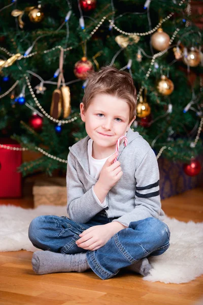 Αγόρι κοντά χριστουγεννιάτικο δέντρο — Φωτογραφία Αρχείου