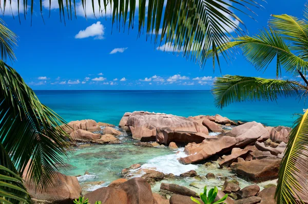 Krásné Skalnaté Pobřeží Tyrkysové Oceánské Vody Seychelách — Stock fotografie