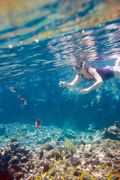 Vrouw Snorkelen Het Maken Van Foto Van Onderwater Leven — Stockfoto