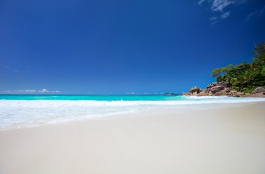 praslin Adası Seyşel Adaları'nda idyllic beach