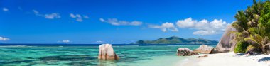 Panorama of beautiful Anse Source d Argent beach in Seychelles clipart