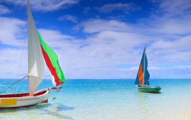 Preparation for start of a sailing regatta in Mauritius. Colorful traditional Mauritian wooden boats called 