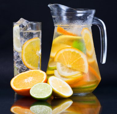 Citrus Ice Water. Citrus ice water glass and carafe over dark background clipart