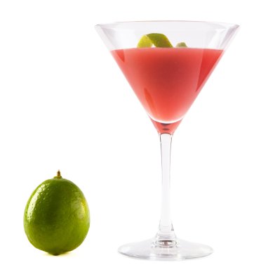 Cosmopolitan Cocktail isolated on white. Short drink to serve at any time. Ingredients: 5-6 ice cubes, 1 measure vodka, 1/2 measure cranberry juice, 1 teaspoon clipart