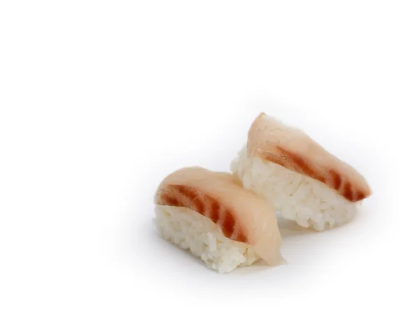 Cucina Giapponese Delizioso Suzuki Branzino Nigiri Sushi Isolato Sfondo Bianco — Foto Stock