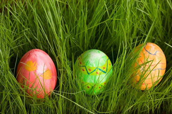 Tres Huevos Pascua Hierba Verde Fresca — Foto de Stock
