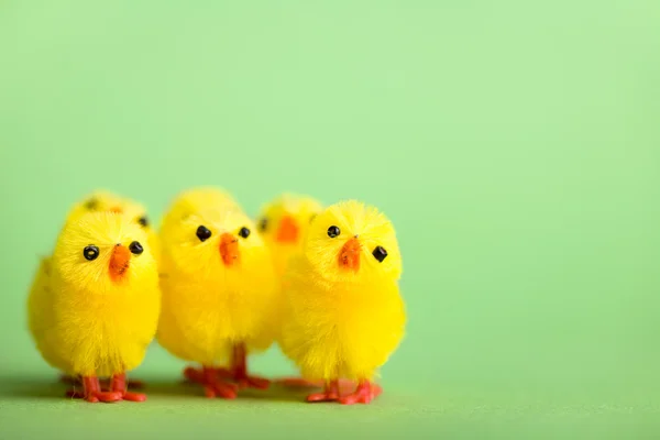 Stock image Happy Easter. Group of funny cute yellow chickens over fresh green background