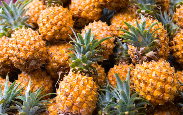 Assortment of fresh pineapples on market stall