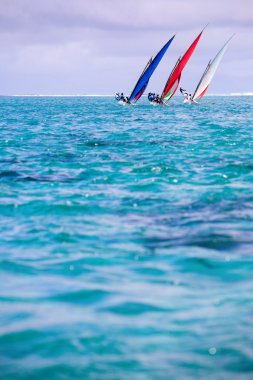 Sailing regatta in Mauritius. Colorful traditional Mauritian wooden boats called 