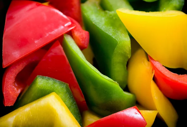 Sweet Peppers Red Green Yellow Freshly Cut Vegetables Prepared Cooking — Stock Photo, Image
