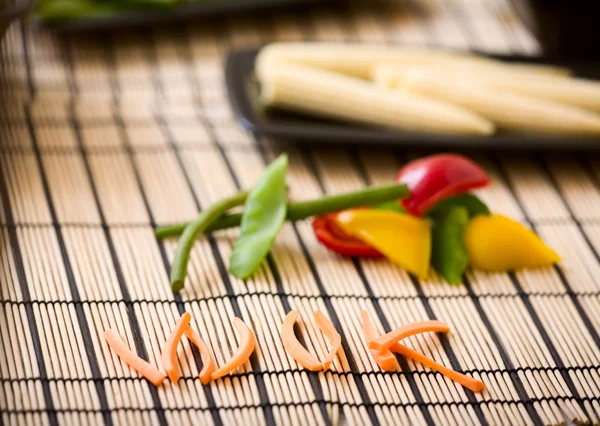 Wok Ingrediënten Vers Gesneden Groenten Bereid Voor Het Koken — Stockfoto