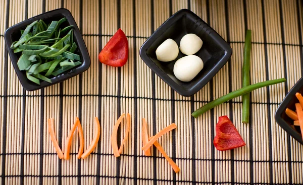 Wok Ingredience Čerstvě Krájená Zelenina Připravené Vaření — Stock fotografie