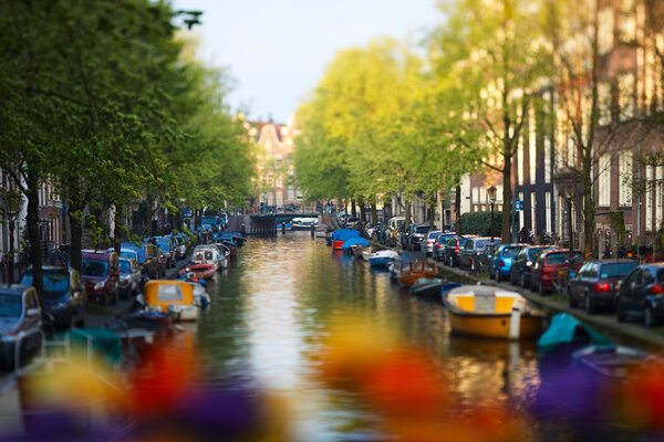 Beautiful canal in Amsterdam, The Netherlands. Taken with tilt and shift lens.